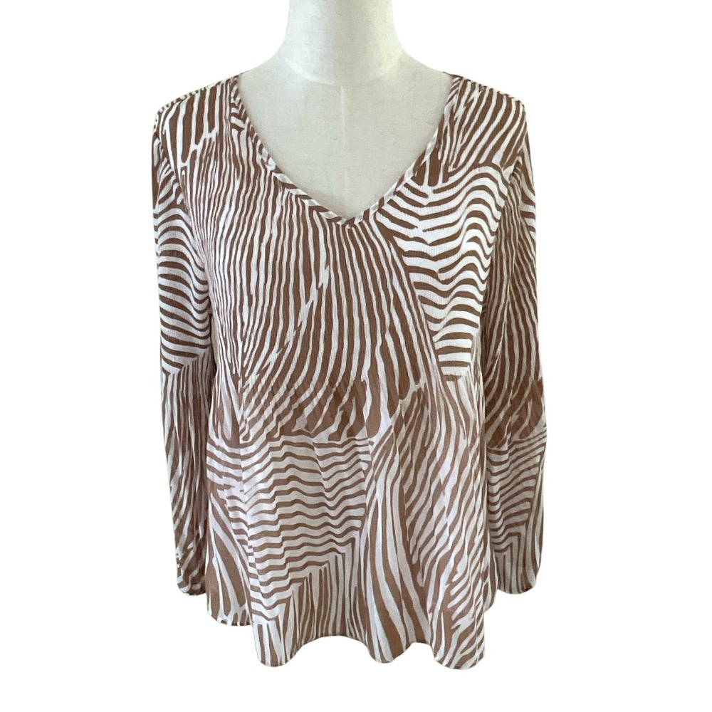 Chicos Size 1 S 8 Blouse Top Brown White Zebra Print V-Neck Long Sleeve Pullover
